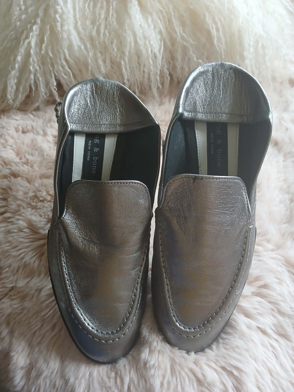 bp Metallic Silver Leather Slip-On Loafers. Rag And Bone